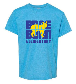 A blue shirt with yellow and blue textDescription automatically generated with low confidence
